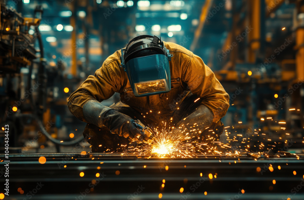worker is welding metal parts in industrial setting, showcasing sparks flying and intense focus. environment is filled with machinery and vibrant atmosphere of productivity worker is welding metal parts in industrial setting, showcasing sparks flying and intense focus. environment is filled with machinery and vibrant atmosphere of productivity