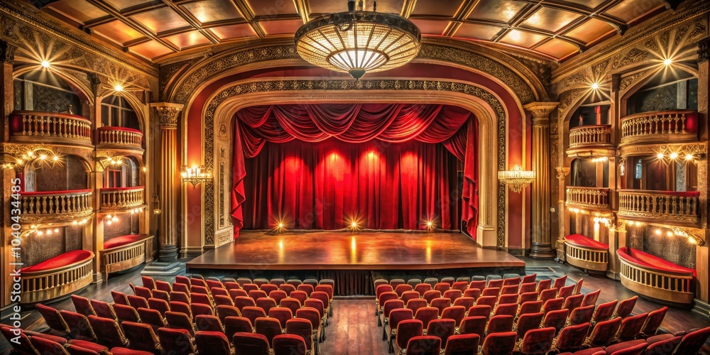 Obraz premium A Bird's-Eye View of an Empty Theater Stage with Red Velvet Curtains and Rows of Seats, Theatre, Performance, Stage Design
