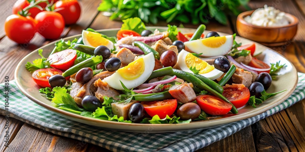 A Close-up of a Fresh and Delicious Nicoise Salad, with Boiled Egg, Green Beans, Tomatoes, Olives, and Tuna, French Cuisine A Close-up of a Fresh and Delicious Nicoise Salad, with Boiled Egg, Green Beans, Tomatoes, Olives, and Tuna, French Cuisine