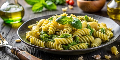 A Close-up of a Plate of Rotini Pasta with Pesto and Basil, Italian Food, Pesto Pasta, Basil Pasta photo