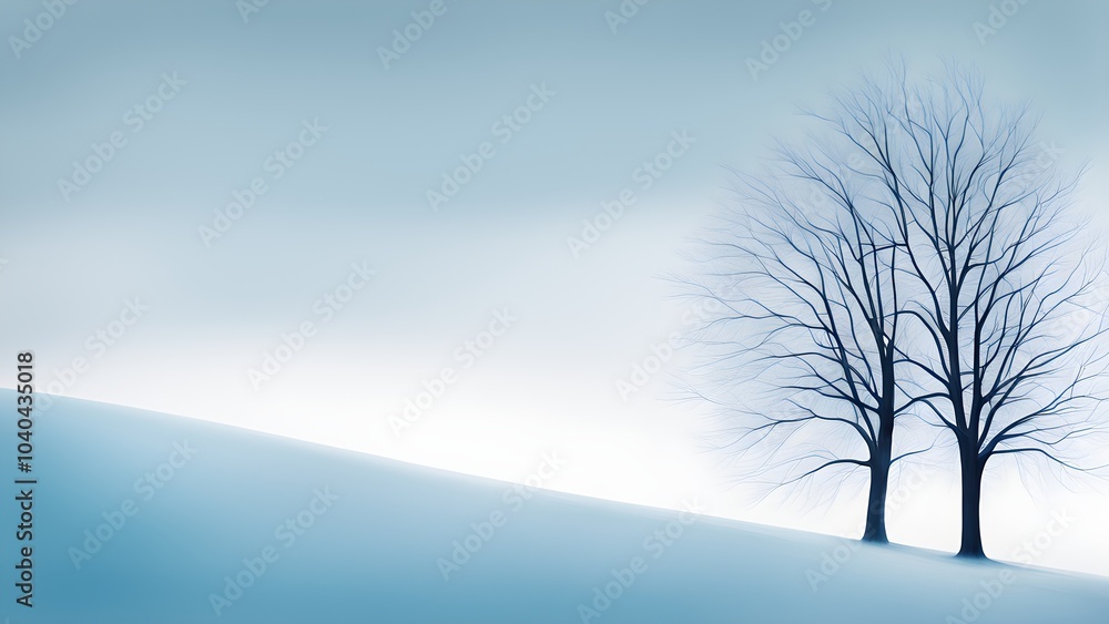 Abstract minimalist winter scene with a single, sharp silhouette of a snow-covered tree on a vast, white canvas Abstract minimalist winter scene with a single, sharp silhouette of a snow-covered tree on a vast, white canvas