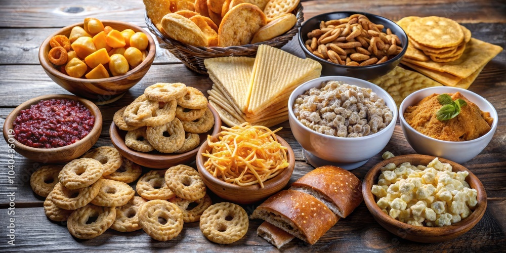 A Feast of Crunchy Delights A Rustic Table Spread of Various Snacks, Bread, and Dip, Snack Food, Party Food, Appetizer A Feast of Crunchy Delights A Rustic Table Spread of Various Snacks, Bread, and Dip, Snack Food, Party Food, Appetizer