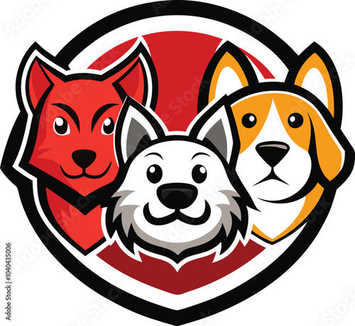 Three Dog Heads in a Circle: A playful and colorful illustration featuring three cartoon dog heads in a circle, each with unique expressions and characteristics. The image is perfect for pet lovers.