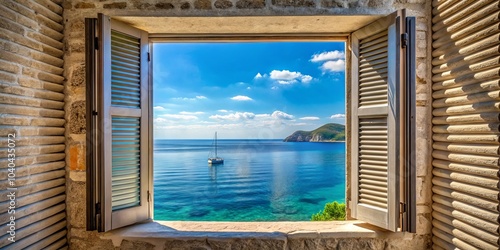 Fototapeta Naklejka Na Ścianę i Meble -  A Glimpse of the Mediterranean Through an Open Window, Sailboat, Sea, Island ,photography, landscape, travel