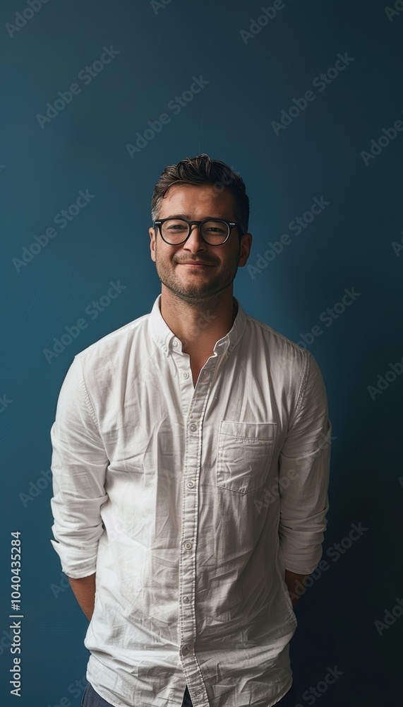 Casual Modern Style: Confident Man in White Shirt on Deep Blue Background for Print or Digital Use Casual Modern Style: Confident Man in White Shirt on Deep Blue Background for Print or Digital Use