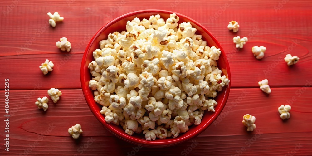 A Red Bowl Overflowing with Buttery Popcorn on a Red Wooden Table, food , snack , movie A Red Bowl Overflowing with Buttery Popcorn on a Red Wooden Table, food , snack , movie