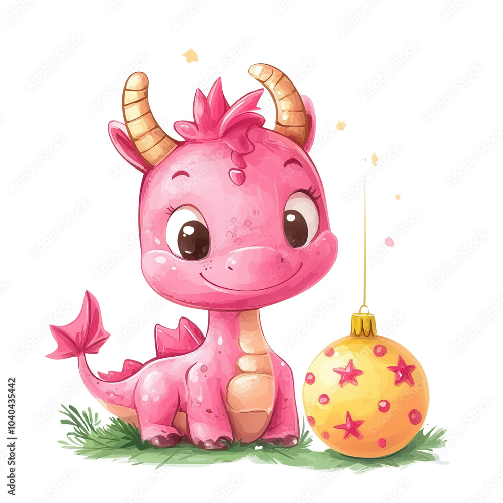 Obraz premium A charming pink dragon character with a festive ornament, perfect for children's illustrations and fantasy themes.