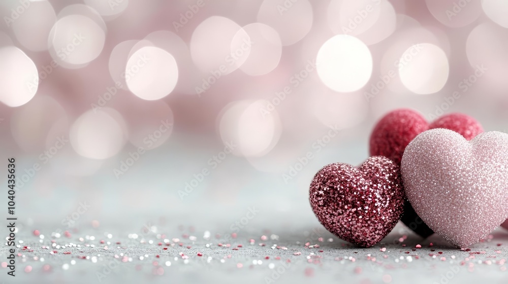 Fototapeta premium Hearts glittering in soft bokeh light, pink and red tones, romantic abstract Valentine's Day background with a gentle, love-filled ambiance