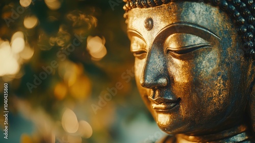 A close-up shot of a golden Buddha statue face, the shimmering surface reflecting soft light, with blurred greenery in the background creating open copy space