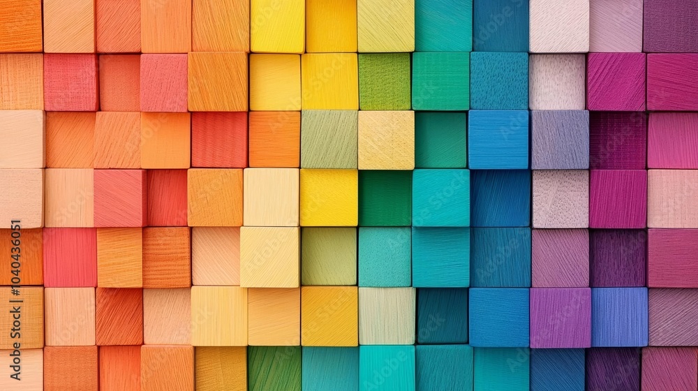 Colorful wooden cube pattern, gradient spectrum from warm to cool tones, modern abstract art concept with textured surfaces Colorful wooden cube pattern, gradient spectrum from warm to cool tones, modern abstract art concept with textured surfaces