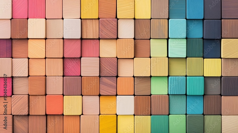 Colorful wooden cube pattern, gradient spectrum from warm to cool tones, modern abstract art concept with textured surfaces