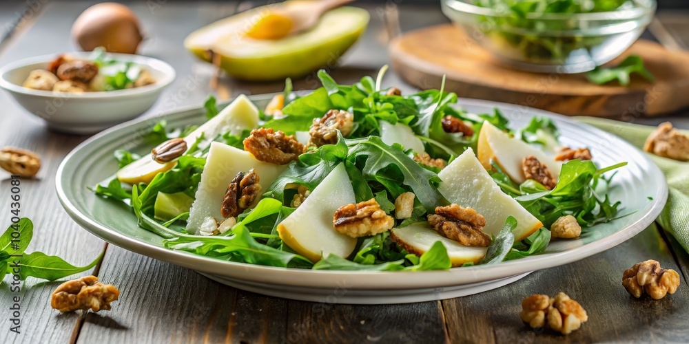 Arugula, Pear and Walnut Salad with Goat Cheese on a White Plate, Salad, Walnut, Goat Cheese Arugula, Pear and Walnut Salad with Goat Cheese on a White Plate, Salad, Walnut, Goat Cheese
