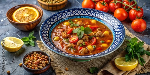 Aromatic Moroccan Harira Soup with Meat, Chickpeas, Tomatoes, and Herbs in a Blue and White Ceramic Bowl, Moroccan cuisine, Harira soup, chickpea soup