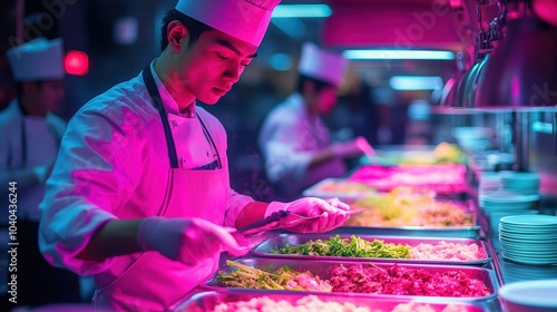 Fototapeta Naklejka Na Ścianę i Meble -  Professional Food Preparation in Vibrant Kitchen Setting