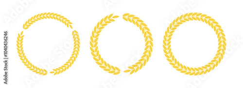 Wreath of wheat ears, set, transparent background. Round frame, border. Winner, award, decorative element, banner.