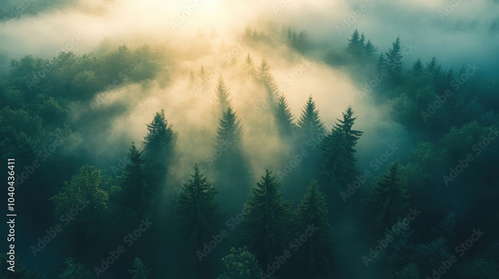 Serene Misty Forest Landscape at Sunrise Serene Misty Forest Landscape at Sunrise