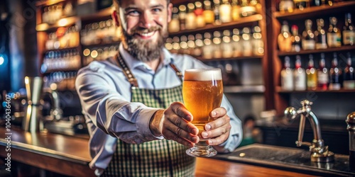 Bartender's Cheers A Portrait of a Man Holding a Glass of Beer in a Pub, beer, pub, bartender