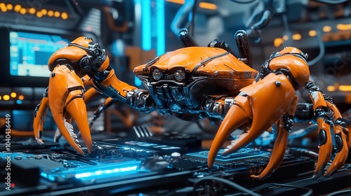 A futuristic, orange robotic crab stands on a computer circuit board in a high-tech laboratory.