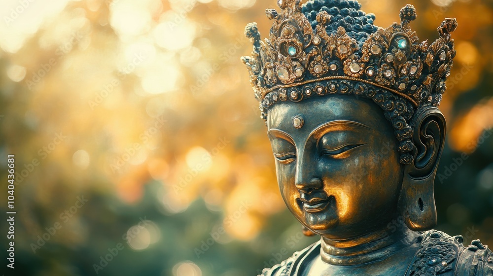 A close-up of a Buddha statue ornate crown, the delicate details of gold and jewels highlighted, with a blurred forest backdrop providing open copy space A close-up of a Buddha statue ornate crown, the delicate details of gold and jewels highlighted, with a blurred forest backdrop providing open copy space