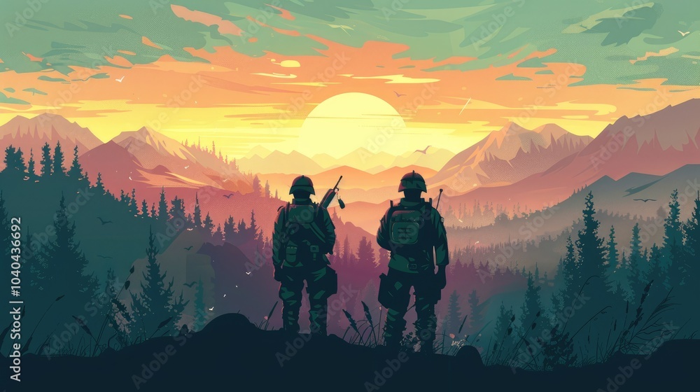 two soldiers standing on a mountain with guns two soldiers standing on a mountain with guns
