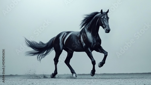 Black Horse Running on Sandy Ground with a Pale Blue Background