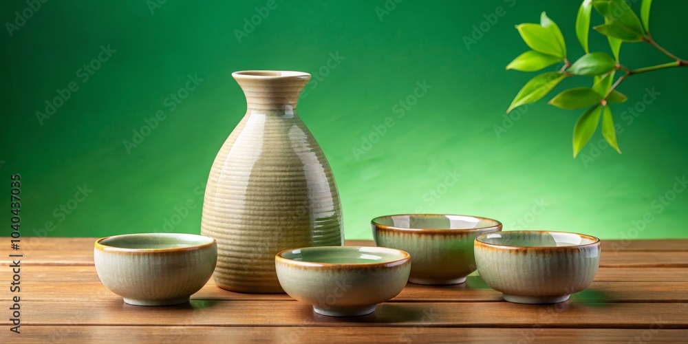 Ceramic Sake Set on Wood Table with Green Background, Japanese, Sake , Tradition , Ceremony Ceramic Sake Set on Wood Table with Green Background, Japanese, Sake , Tradition , Ceremony