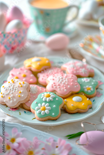 Easter cookies in the shape of flowers with icing