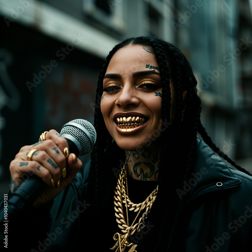 Smiling Female rapper with Gold Teeth and Microphone in a Street Style Portrait