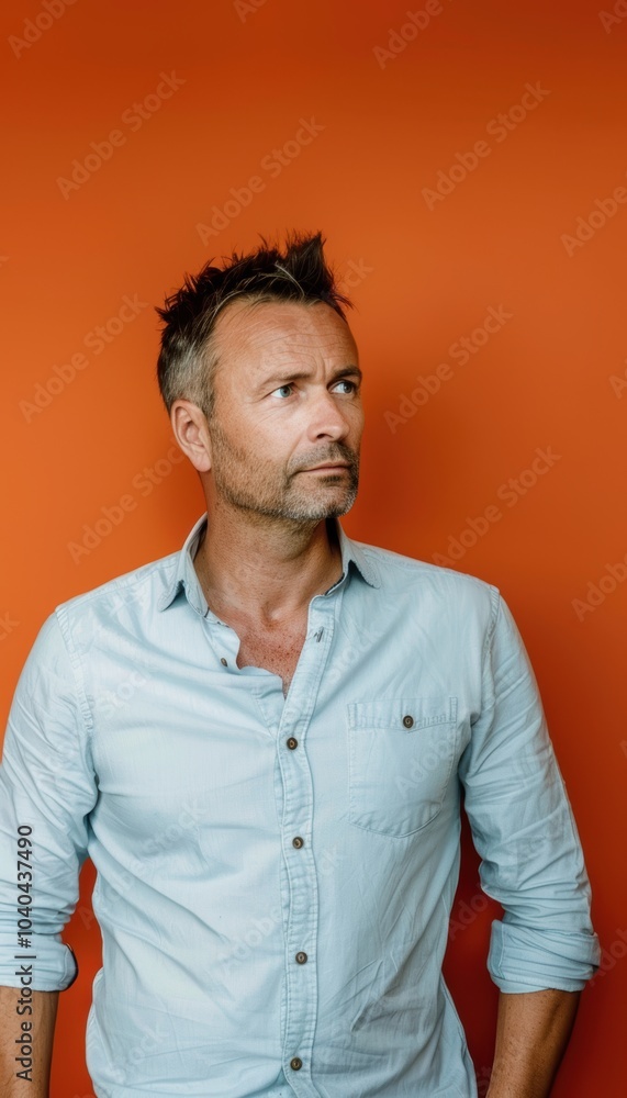Obraz premium Confident Mature Man in Light Blue Shirt Against Vivid Orange Background for Professional Use
