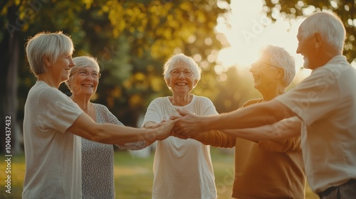 Group, senior people and holding hands outdoor for retirement fun, reunion and wellness routine. Smile, elderly and friends circle with community, morning support and comic joke for bonding together