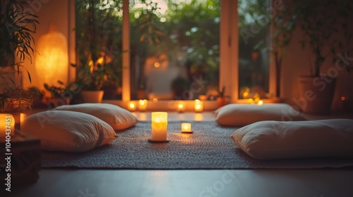 at-home relaxation, relaxing indoor meditation with soft pillows, flickering candles, and a gentle incense scent in a dimly lit room photo