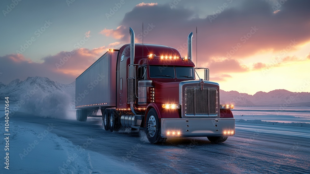 Red Truck on Snowy Road at Sunset Red Truck on Snowy Road at Sunset