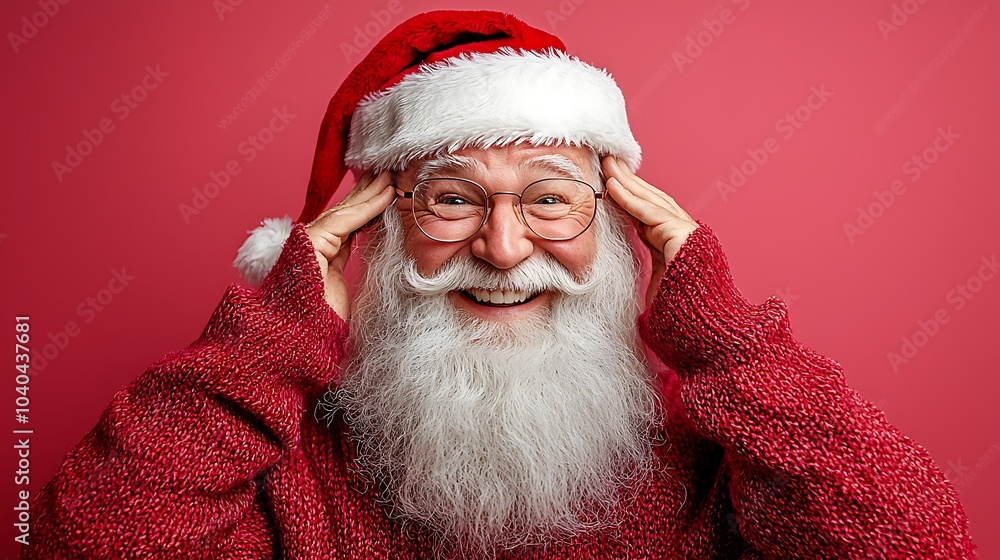 Santa claus wearing glasses is touching his temples and smiling on red background Santa claus wearing glasses is touching his temples and smiling on red background