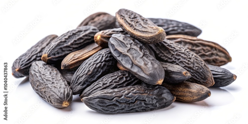 Close-up of Black Carob Pods on White Background, carob pods, carob beans, natural sweetener Close-up of Black Carob Pods on White Background, carob pods, carob beans, natural sweetener