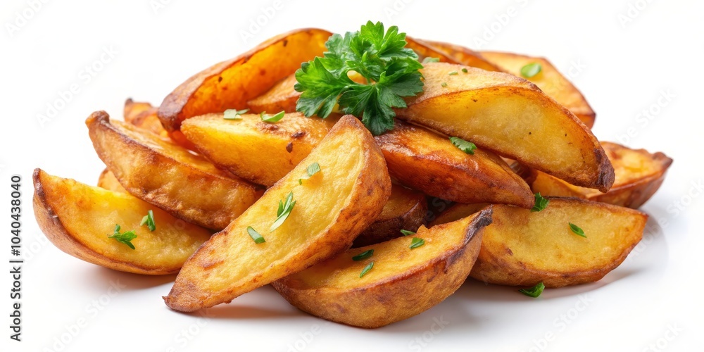 Close-up of Crispy Potato Wedges with Parsley Garnish, Food Photography, Appetizer, Snack, Side Dish, potato wedges, parsley Close-up of Crispy Potato Wedges with Parsley Garnish, Food Photography, Appetizer, Snack, Side Dish, potato wedges, parsley