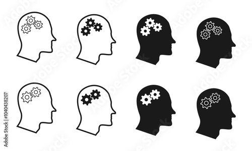 human head with gears icon set. concept for capability brainstorming or realization, vector illustration isolated on white background.