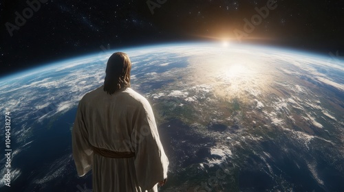 Fototapeta Naklejka Na Ścianę i Meble -  Jesus as the redeemer watching over the earth from space, created with Generative AI technology