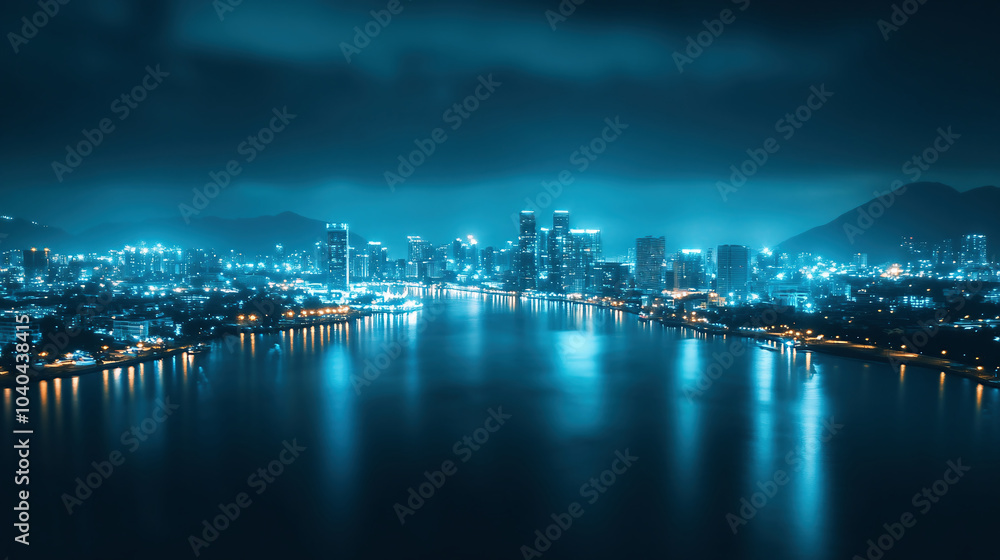 Fototapeta premium Stunning Cityscape with Glowing Night Lights Over Water