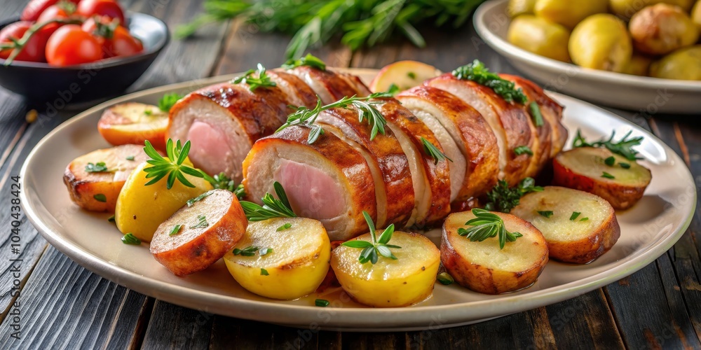 Close-up of Tender Pork Tenderloin Slices Wrapped in Bacon and Served with Roasted Potatoes, Pork Tenderloin, Roasted Potatoes, Bacon Close-up of Tender Pork Tenderloin Slices Wrapped in Bacon and Served with Roasted Potatoes, Pork Tenderloin, Roasted Potatoes, Bacon