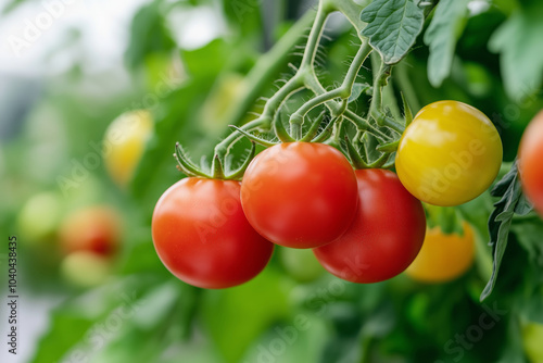 Ripe tomatoes on the vine basking in sunlight during summer harvest season