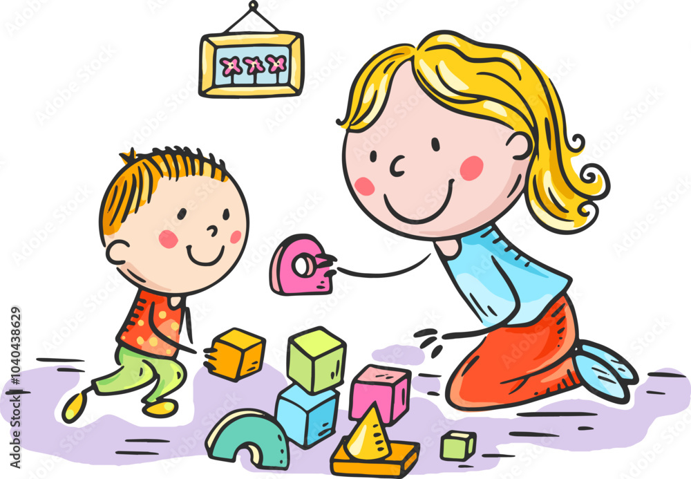 Mother and son playing with building blocks at home. Happy cartoon family activity clipart. Parenting, motherhood concept. Parent actively spends time with child Mother and son playing with building blocks at home. Happy cartoon family activity clipart. Parenting, motherhood concept. Parent actively spends time with child