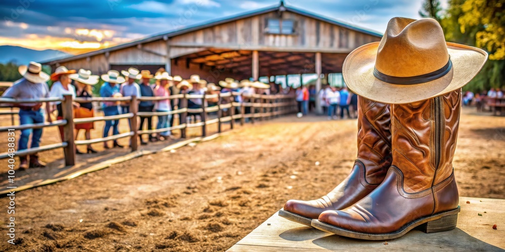 Obraz premium Cowboy Boots and Hat on a Rustic Wooden Bench, Rustic , Country, Western , cowboy boots