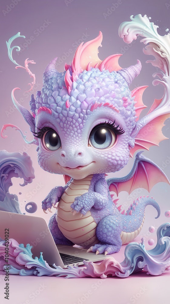 Playful dragon sitting at desk with whimsical clouds background Playful dragon sitting at desk with whimsical clouds background