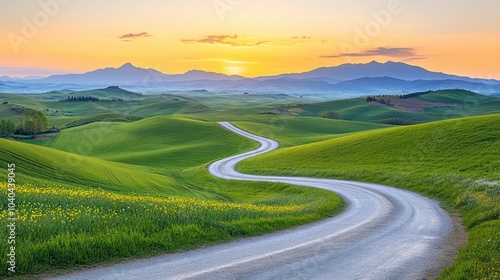 Winding Road Through Peaceful Green Countryside at Sunset