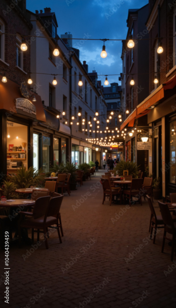 Charming evening alley with string lights and outdoor dining in a cozy urban setting
Charming evening alley with string lights and outdoor dining in a cozy urban setting