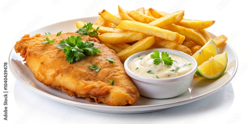 Crispy Fish and Chips with Creamy Sauce, white plate, close-up, food photography, fish and chips, seafood, british cuisine Crispy Fish and Chips with Creamy Sauce, white plate, close-up, food photography, fish and chips, seafood, british cuisine