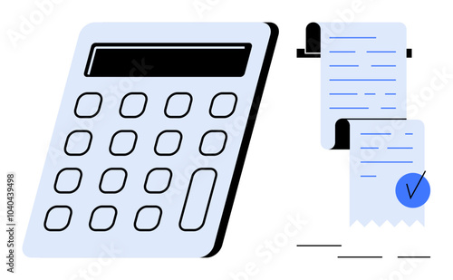 Large calculator with a display and keypad next to a long paper receipt with a checkmark. Ideal for accounting, bookkeeping, finance, budgeting, and tax calculations. Simple, modern, clean style