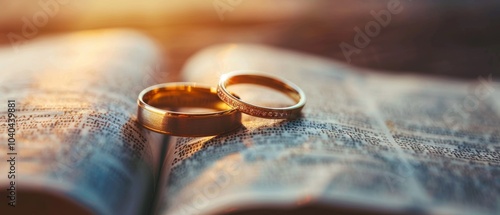 Two golden wedding rings resting on the open pages of a Holy Bible, symbolizing Christian marriage
