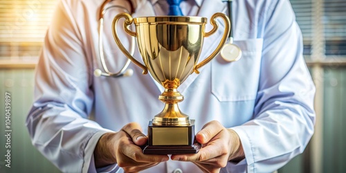 Doctor Holding Golden Trophy, Award, Recognition, Success, Healthcare