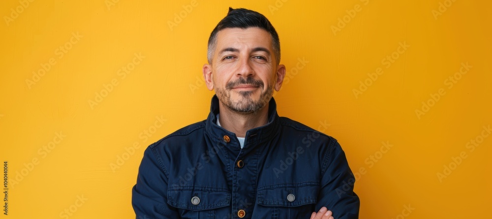 Obraz premium Friendly Man with Trimmed Beard in Navy Jacket Against Vivid Yellow Background for Design